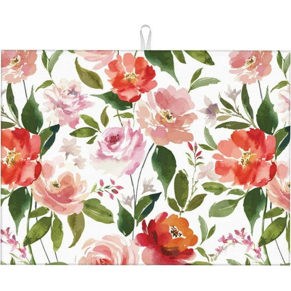 Large Dish Drying Mat for Kitchen Counter,18"X24" Watercolor Rose Flowers Super Absorbent Reversible Microfiber Dish Drying Mat Dish Drainer Mat,Drying Pad for Kitchen Countertop Coffee Bar