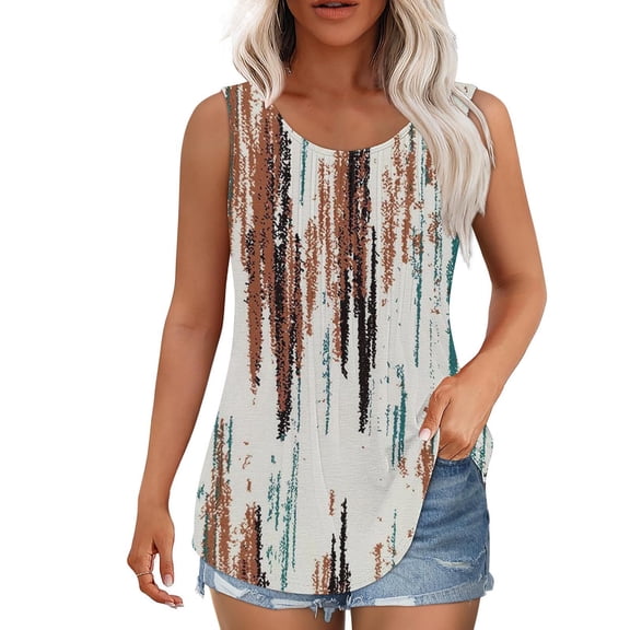 Women's Plus Size Tank Tops Casual Floral Print Crew Neck Pleated Sleeveless Tunic Shirts Summer Loose Tops (L, Multicolor)
