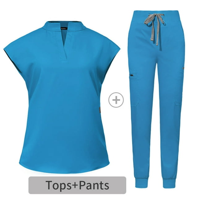Miqool Ensemble de Sarraus pour Femmes, Uniforme d'Infirmière, Ensemble Jogger, Haut Extensible à Manches Cap et Pantalon avec Multiples Poches, Tenue de Travail