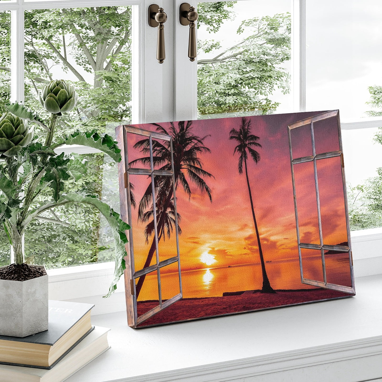 RAYZEL Sunset Beach Canvas Wall Art Open Window View Ocean Coastal