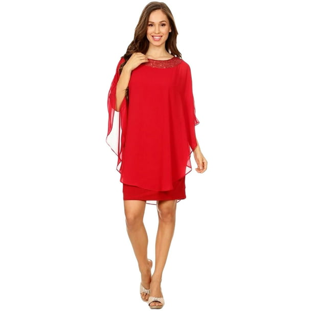 Fanny - Fanny Fashion Womens Red Crew Neck Chiffon Overlay Evening Gown ...