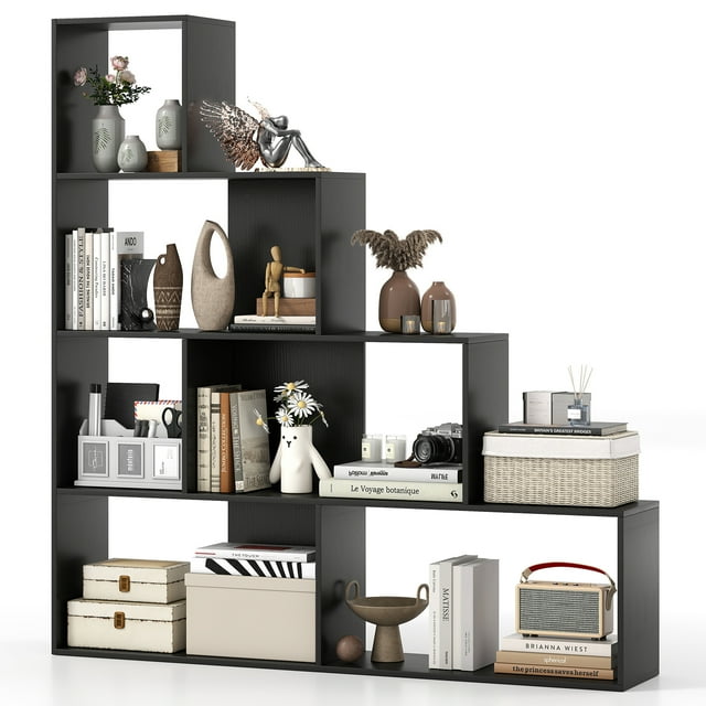 Gymax 4-Tier Bookshelf w/ 6 Storage Cubes 64'' Tall Modern Geometric Stair Bookcase