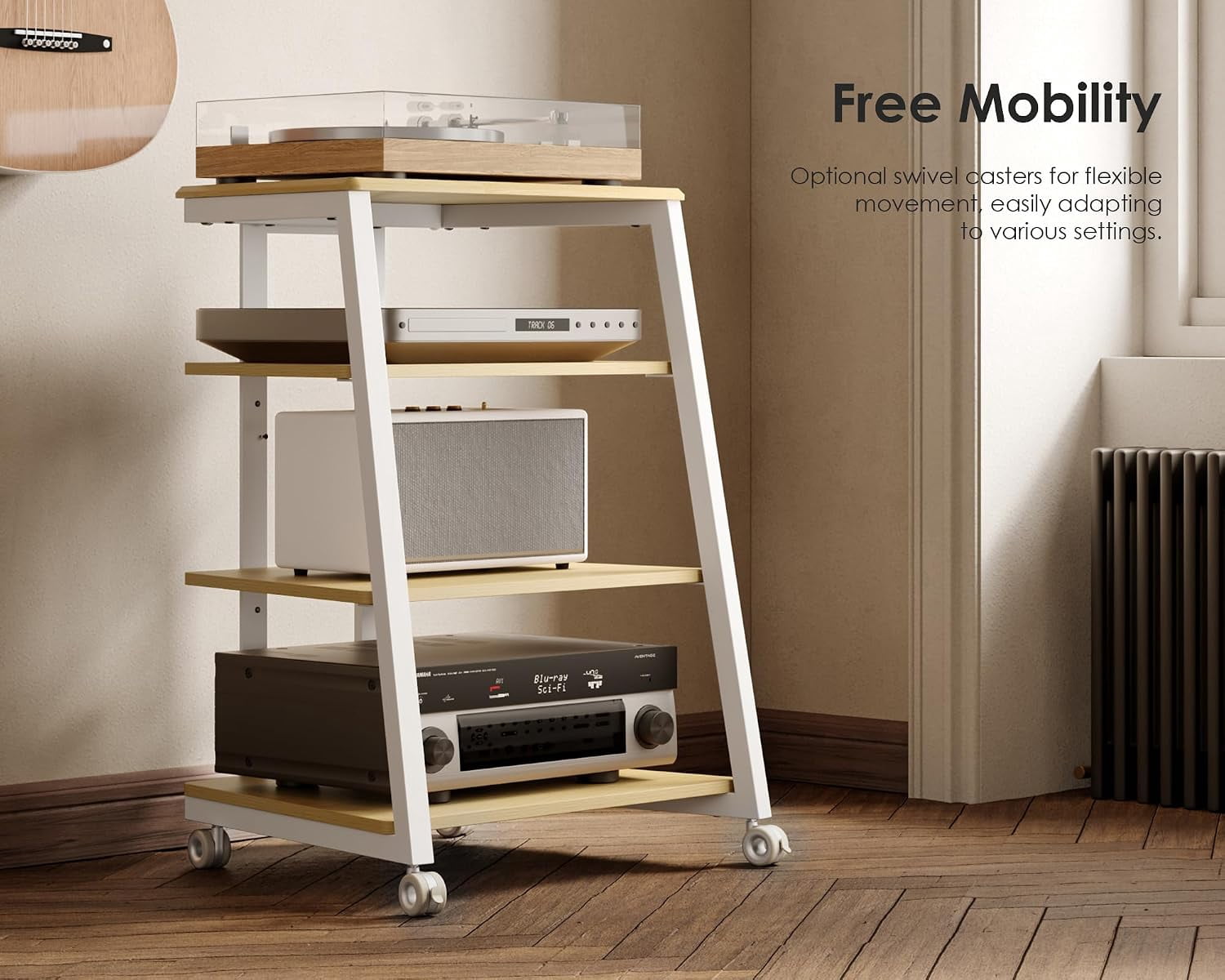 FITUEYES 4-Tier Stereo Cabinet with LED Backlight, Adjustable Shelves, White