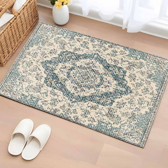 2x3 Ft Entryway Area Rug, Beige Green Boho Kitchen Rug Runner Washable Floor Mat, Medieval Vintage Ethnic Floral Abstract Non Slip Indoor Door Mat Throw Carpet for Bathroom Living Room Bedroom