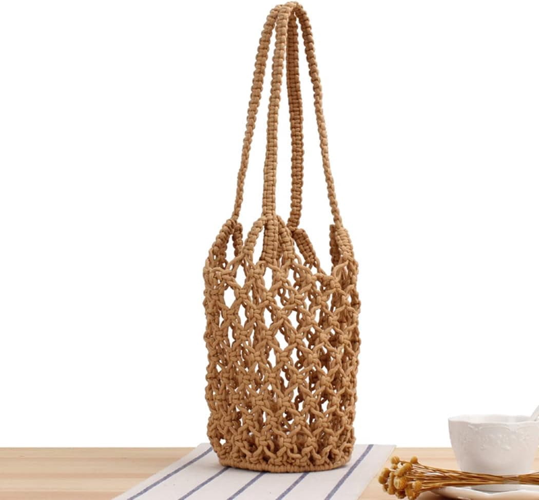 LinYooLi Summer Beach Handbag Hollow Mesh Shoulder Bag Cotton Thread Crochet Fishnet Bag Woven Bag