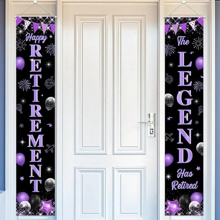 Balterever Retirement Porch Sign Door Banner Purple Black Retirement Banner The Legend Has Retired Door Sign Decoration Retirement Outdoor Banner Happy Retirement Door Sign for Farewell Party Supplies