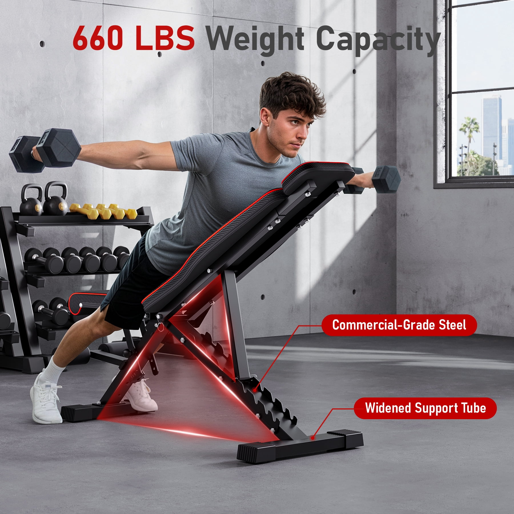 Adjustable Weight Bench,Foldable Workout Bench 660lbs Home Gyms Press Dumbbell Dprodo Bench with Extended Head and Spine Support