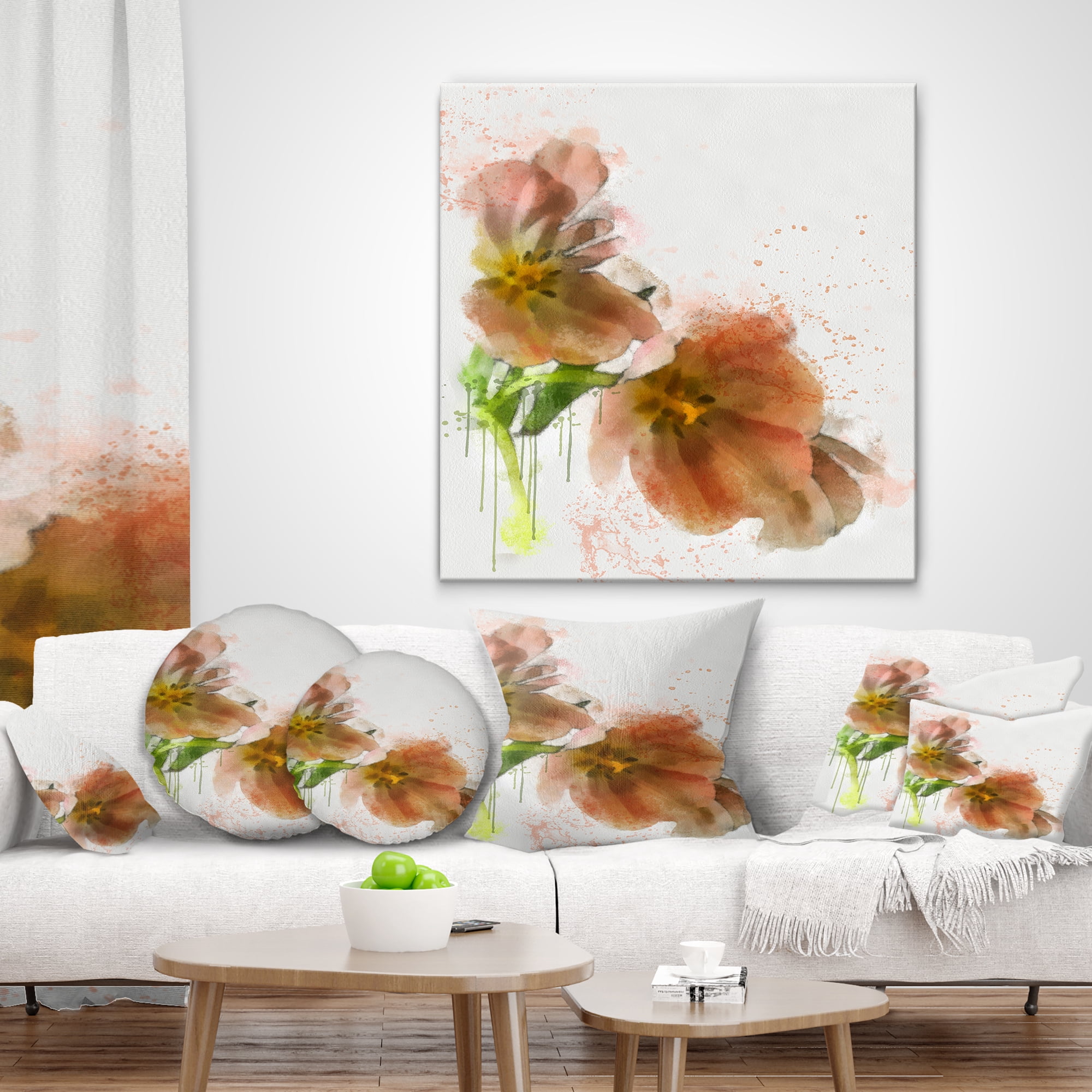Designart Brown Tulips Sketch Watercolor - Floral Throw Pillow - 16x16