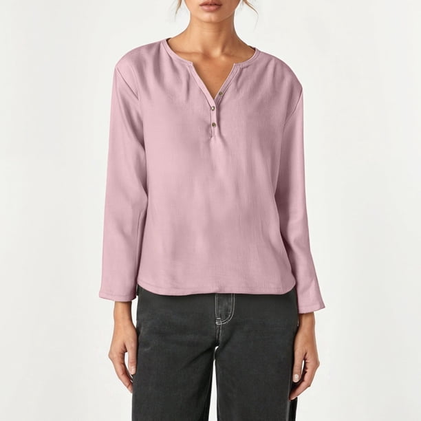 MHFRRA Camiseta Informal de Manga Larga con Cuello En V y Estampado Liso Rosa