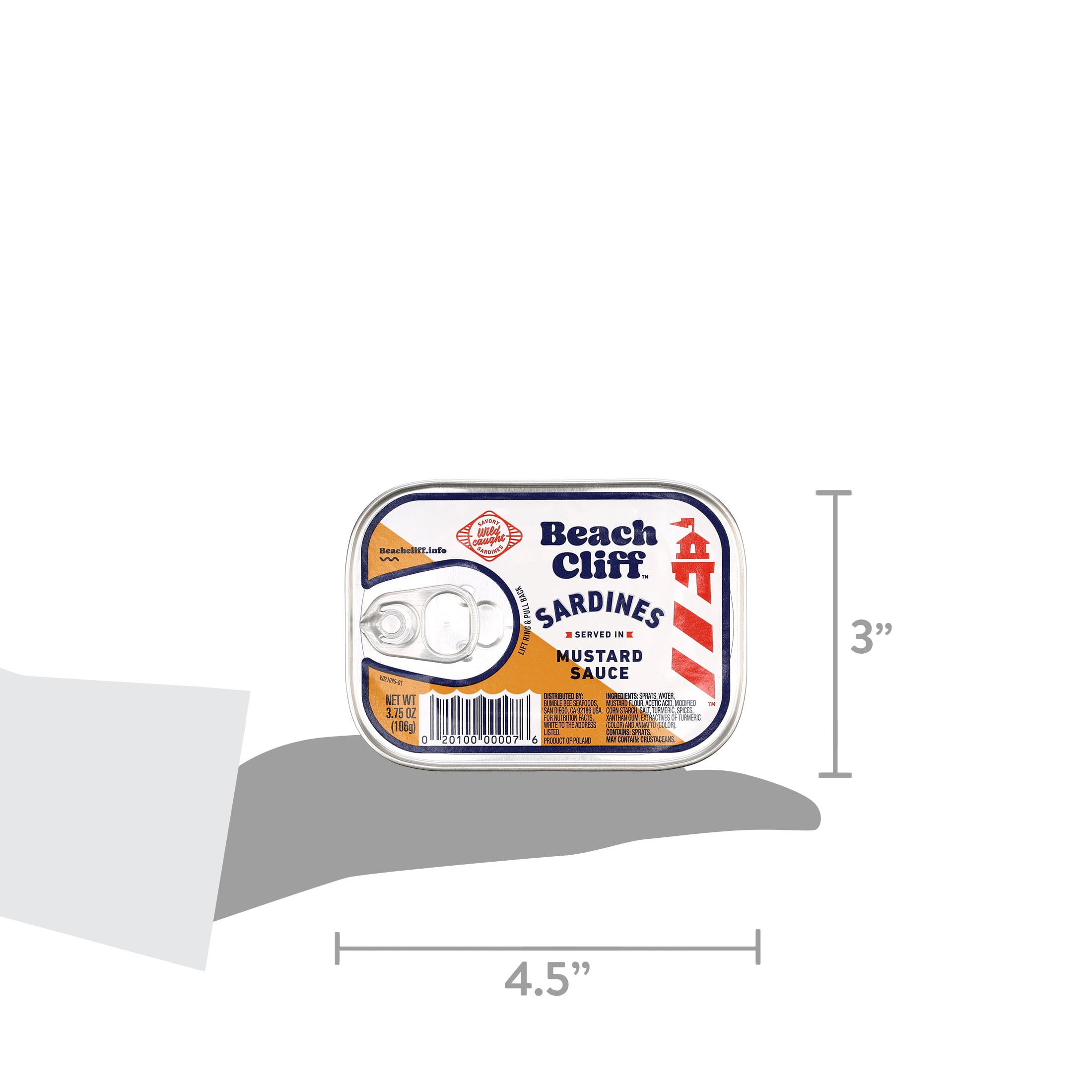 Beach Cliff Wild Caught Sardines in Mustard Sauce, Gluten Free, 18g Protein Per Serving, Shelf Stable Tin Can, 3.75 oz