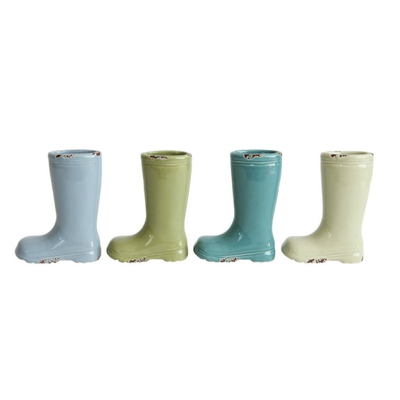 Creative Co-Op Small Stoneware Boot Vases with Distressed Finish, Multicolor, Set of 4