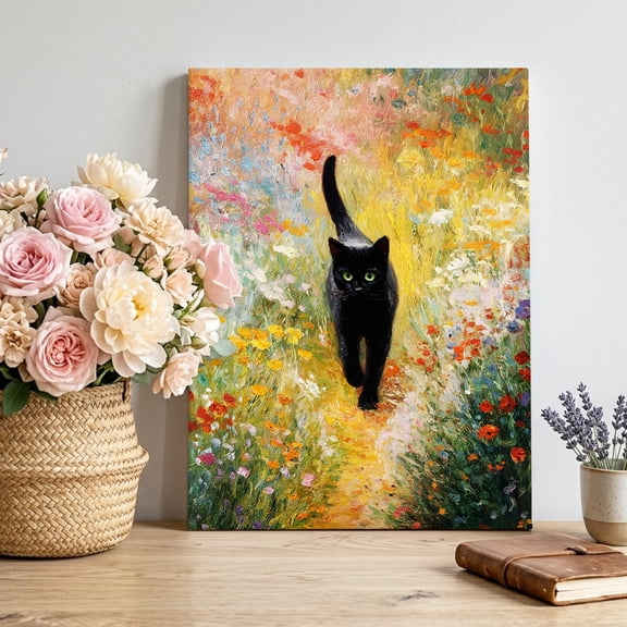 Canvas Wall Art Black Cat Canvas Art Print Colorful Floral Garden Impressionist Pictures Wall Decor for Living Room Bedroom Artwork Decorations Stretched Framed Ready to Hang 8"x10"