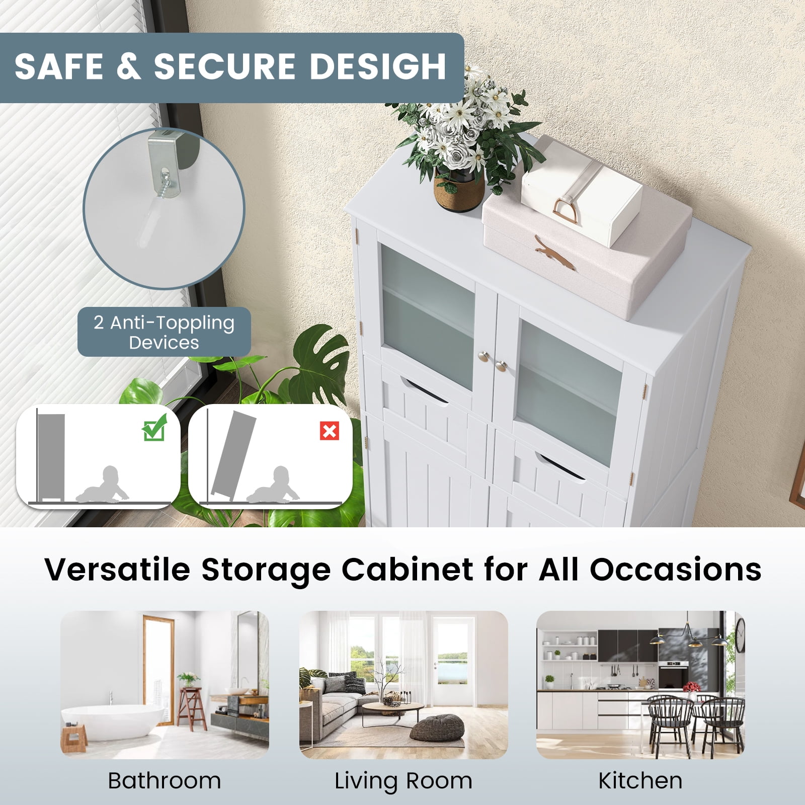 Giantex Freestanding Bathroom Storage Cabinet, Tall Linen Floor Cabinet w/Adjustable Shelves, White