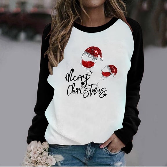 asdoklhq Long Sleeve T Shirt Women Happy Christmas Ladies' Christmas Print Round Neck Raglan Sleeves Long Sleeved Top Sweatshirt Black XL