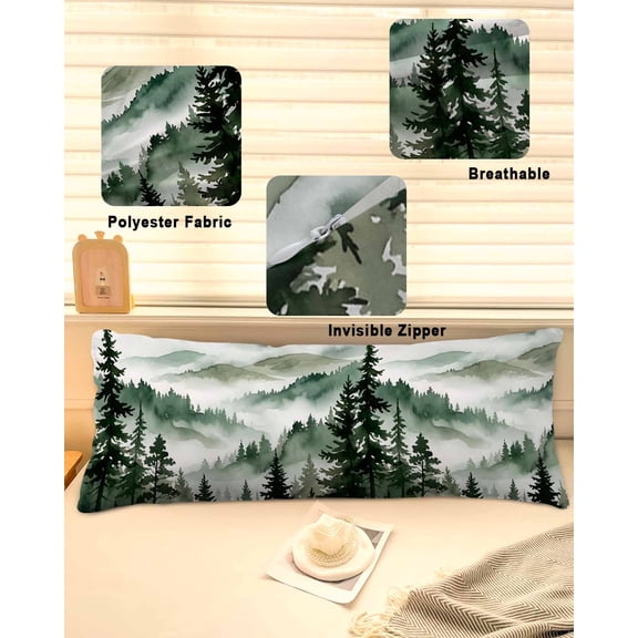 Dark Green Forest Throw Pillow Covers, Watercolor Clouds Trees Mountain Soft Breathable Pillow Cases with Invisible Zipper for Sleeping, Long Body Pillowcases for Couch Bed Sofa Chair 20x54 Inches