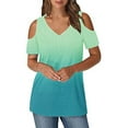 thumbnail image 4 of XuJwPNcy Womens V Neck Cold Shoulder Tops Gradient Color Eyelet Tops Fashion Short Sleeve T-Shirts Basic Summer Tees, 4 of 5