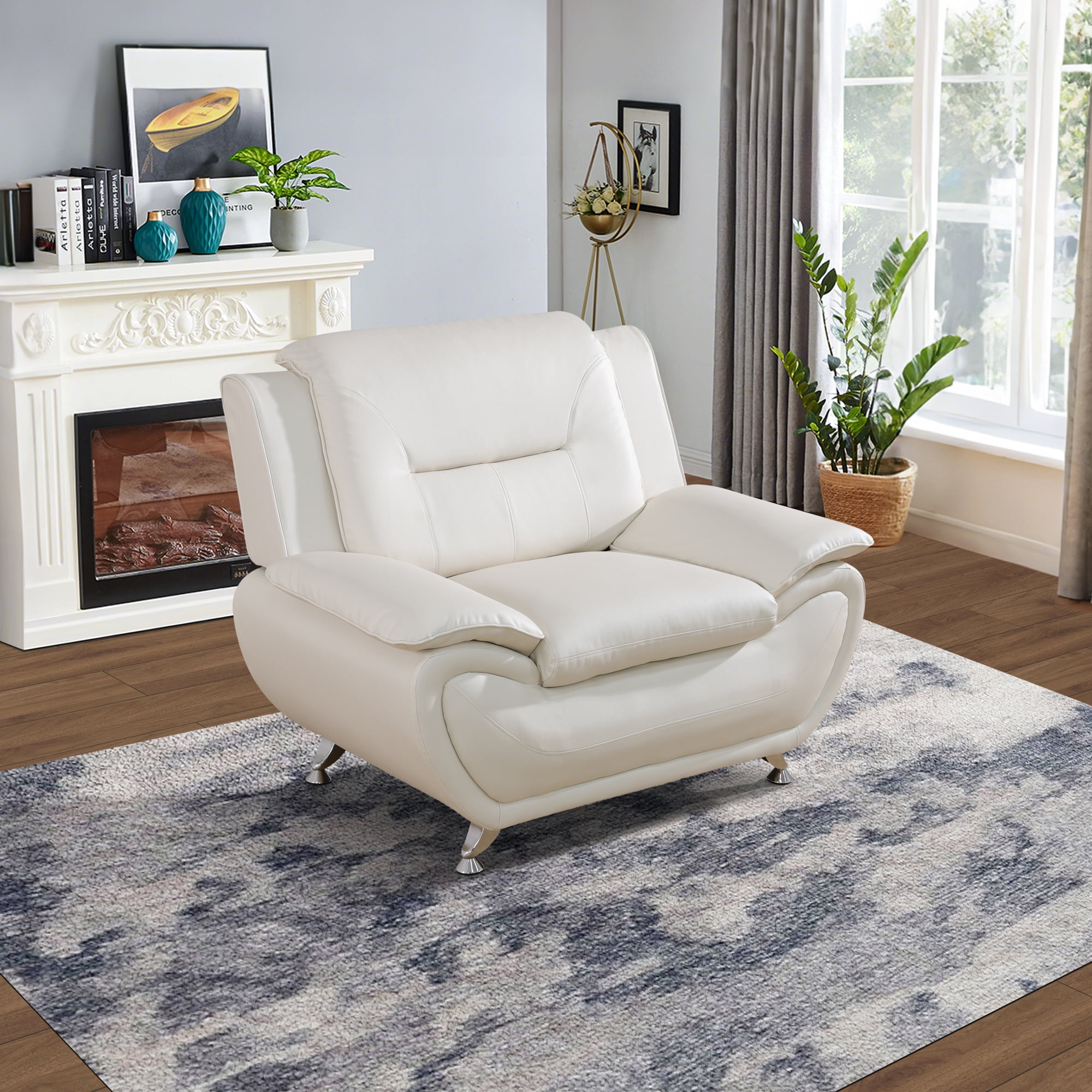 Gewnee Single Sofa, 46" Sofa Chair, Breathable Faux Leather Upholstery, Solid Wood Frame Living Room Lounge Accent Chair ，White