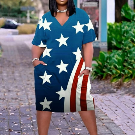 

Hvyesh Summer Dresses for Women 2023 Plus Size Patriotic Midi Dress American Flag Graphic V Neck Sundresses Short Sleeve Comfortable Dresses Dark Blue