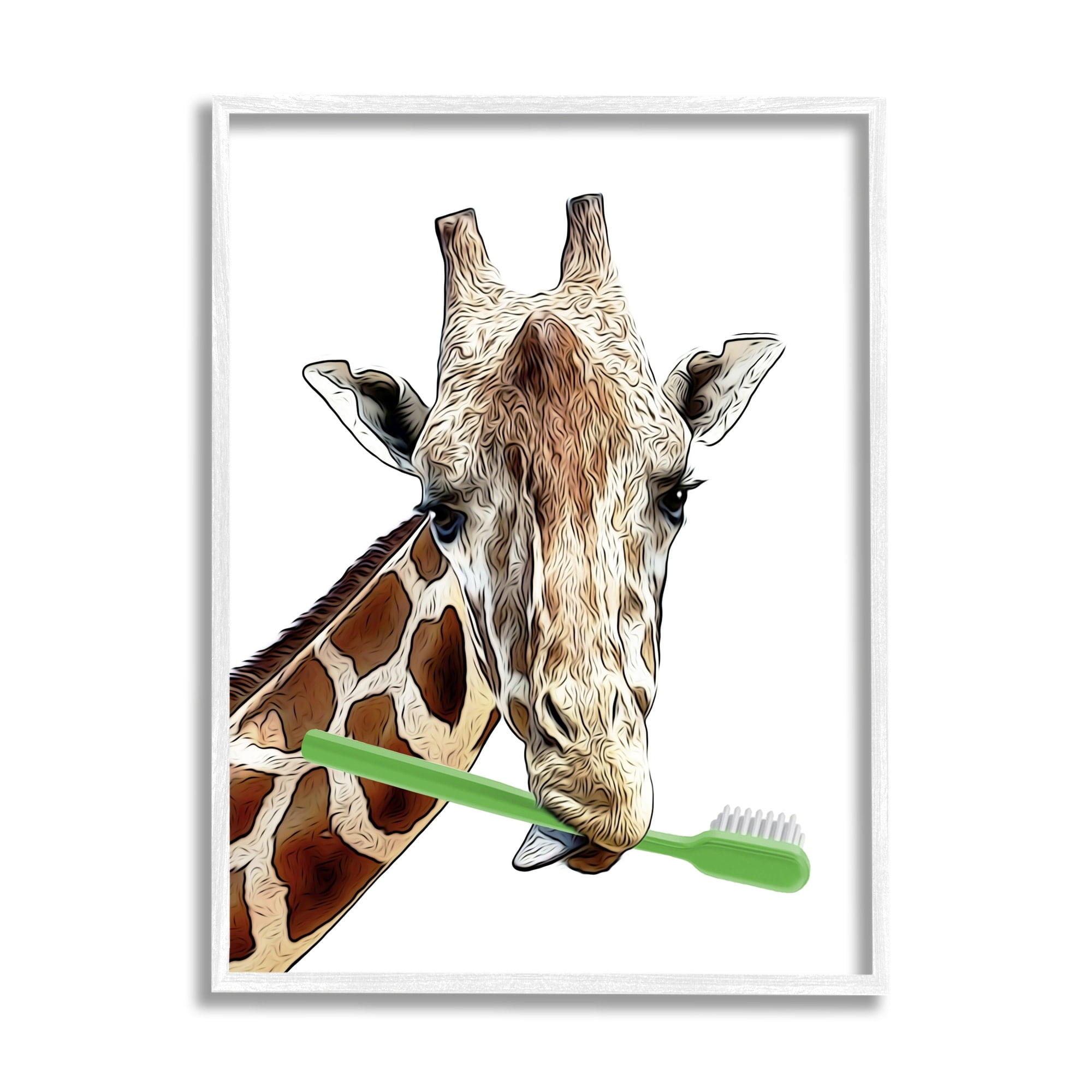 Stupell Industries Giraffe Green Toothbrush Bathroom Animals & Insects Painting White Framed Art Print Wall Art