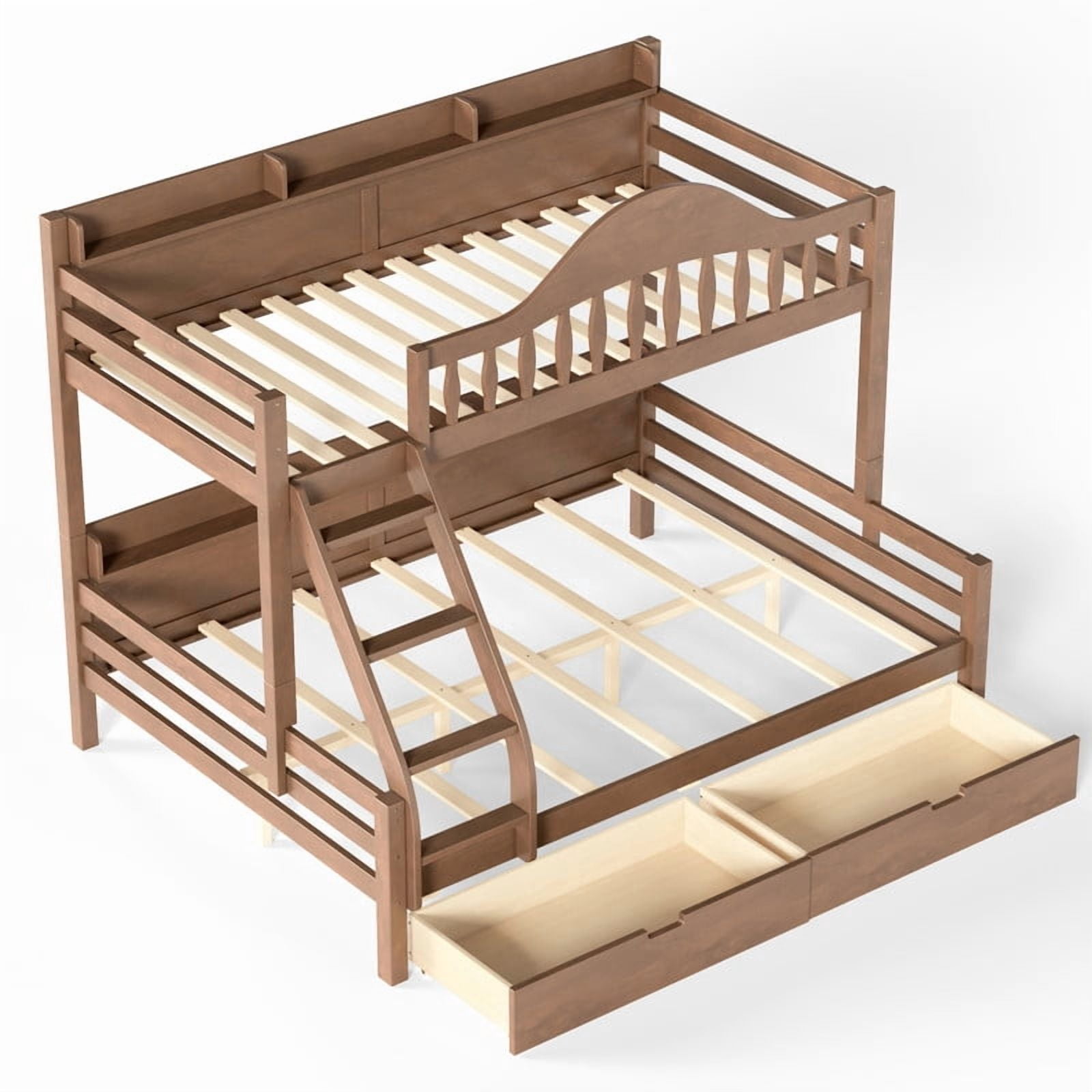 Twin Over Full Bunk Bed with 2 Storage Drawers, Solid Wood Kids Bunk Bed with Curved Guardrails, Side Storage Shelves and Ladder, No Box Spring Needed