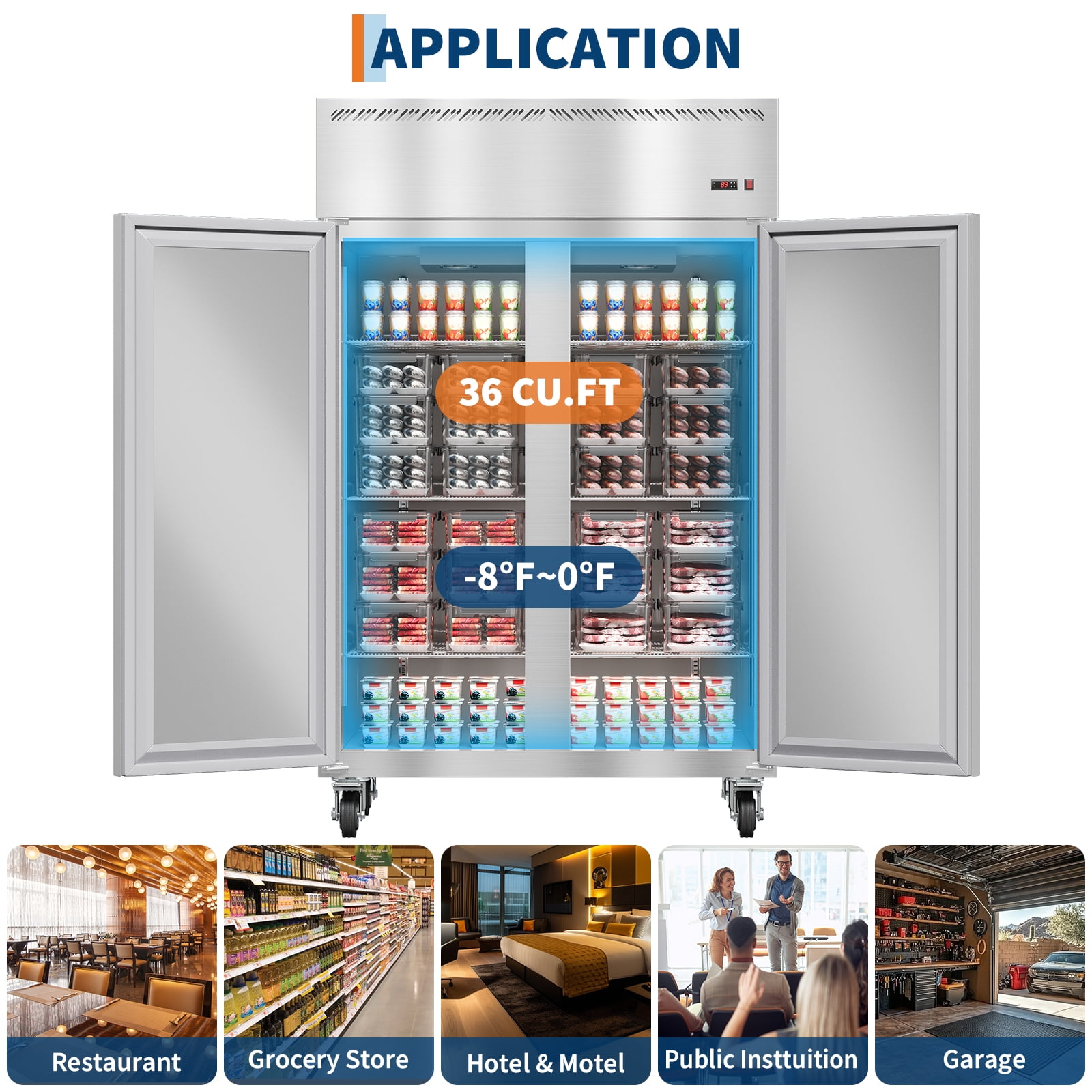 48" Commercial Beverage Refrigerator Freezer – 36 Cu Ft Upright, 2 Stable Doors, 6 Adjustable Shelves, Auto Defrost, -8°F~0°F, Stainless Steel – for Restaurant, Bar, Shop