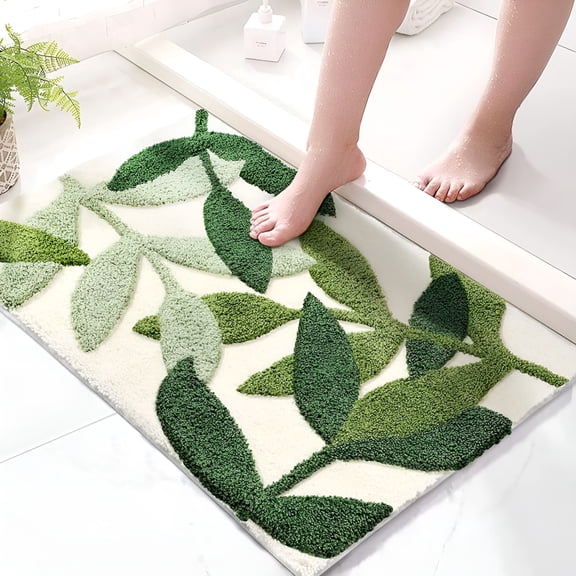 AUQ Green Leaf Bath Rug with Non Slip Strong Water Absorbent Plush Microfiber Small Bathroom Rug for Bathroom Floor Bath Mat Cute Indoor Shower Bathroom Mat 19.5 X 31.5IN