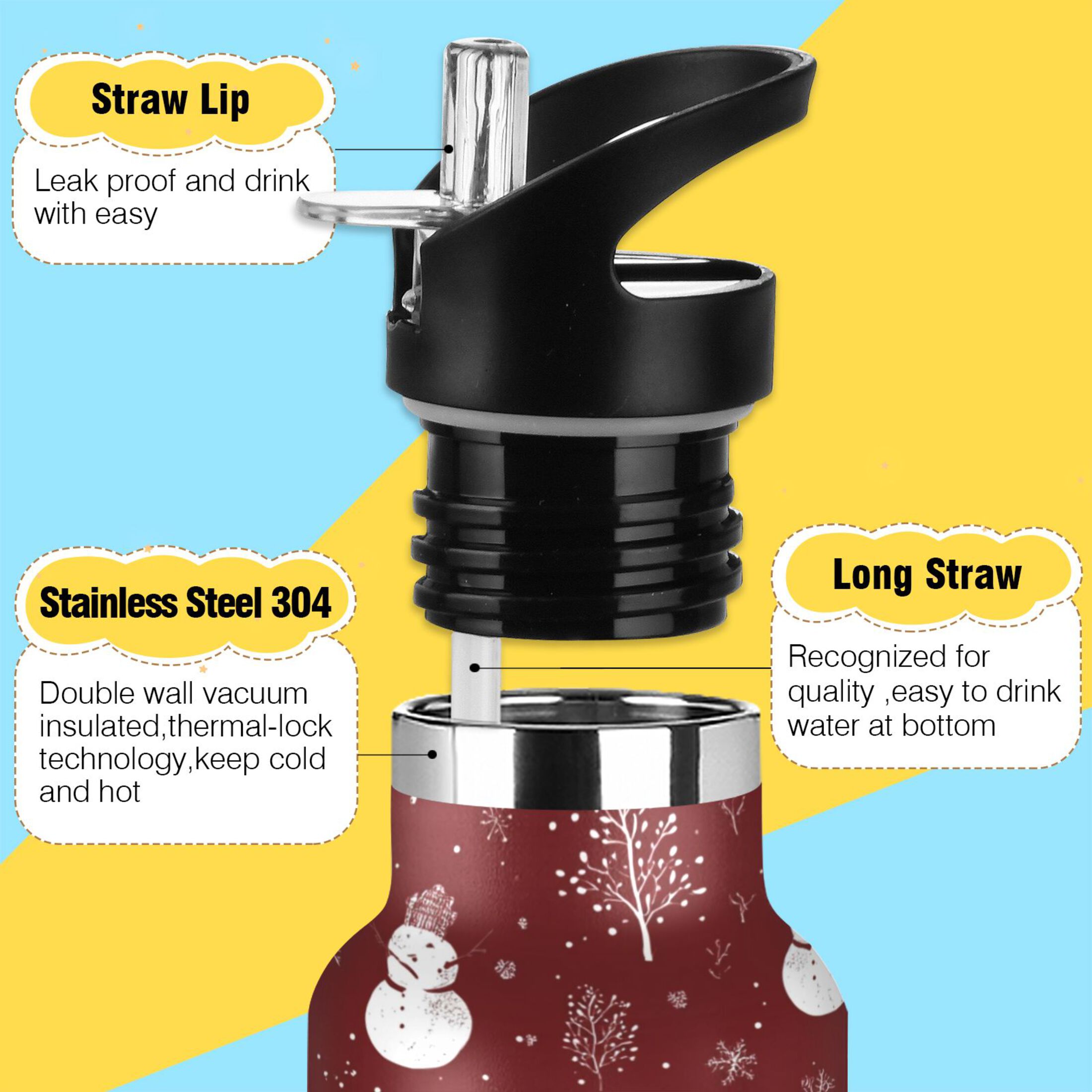 600ML Stainless Steel Insulated Cup Sports Water Bottle Portable Thermos Cup Water Glasses Insulated Tumblers Convenient and Durable Seamless Christmas Elements