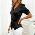 thumbnail image 3 of Pounoo Women's Tops Satin V-Neck Wrap Front Short Sleeve Blouses Elegant Office Vibe Lightweight Stretchy Slim Fit Outfits Gift, 3 of 7