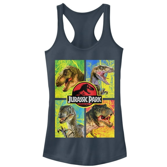 Junior's Jurassic Park T. Rex and Velociraptor  Racerback Tank Top Indigo Small
