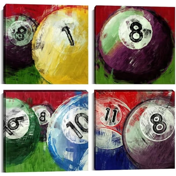 Billiard Wall Art Oil Billiard Wall Decor Colorful Canvas Pictures Retro Print Painting for Billiard Room Game Hall Home Decoration Framed Artwork 16''''x16'''' x 4Pcs