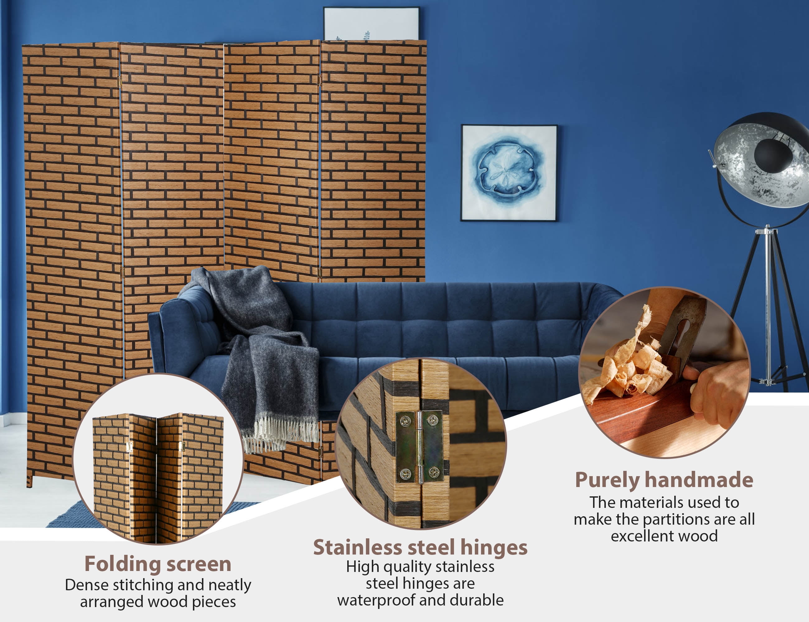 YRLLENSDAN Partition Room Dividers with 4 Panels, Wood Folding Privacy Screen for Room Portable Room Divider Screen Freestanding Decorative Privacy Dressing Screen for Bedroom, Living Room, Office