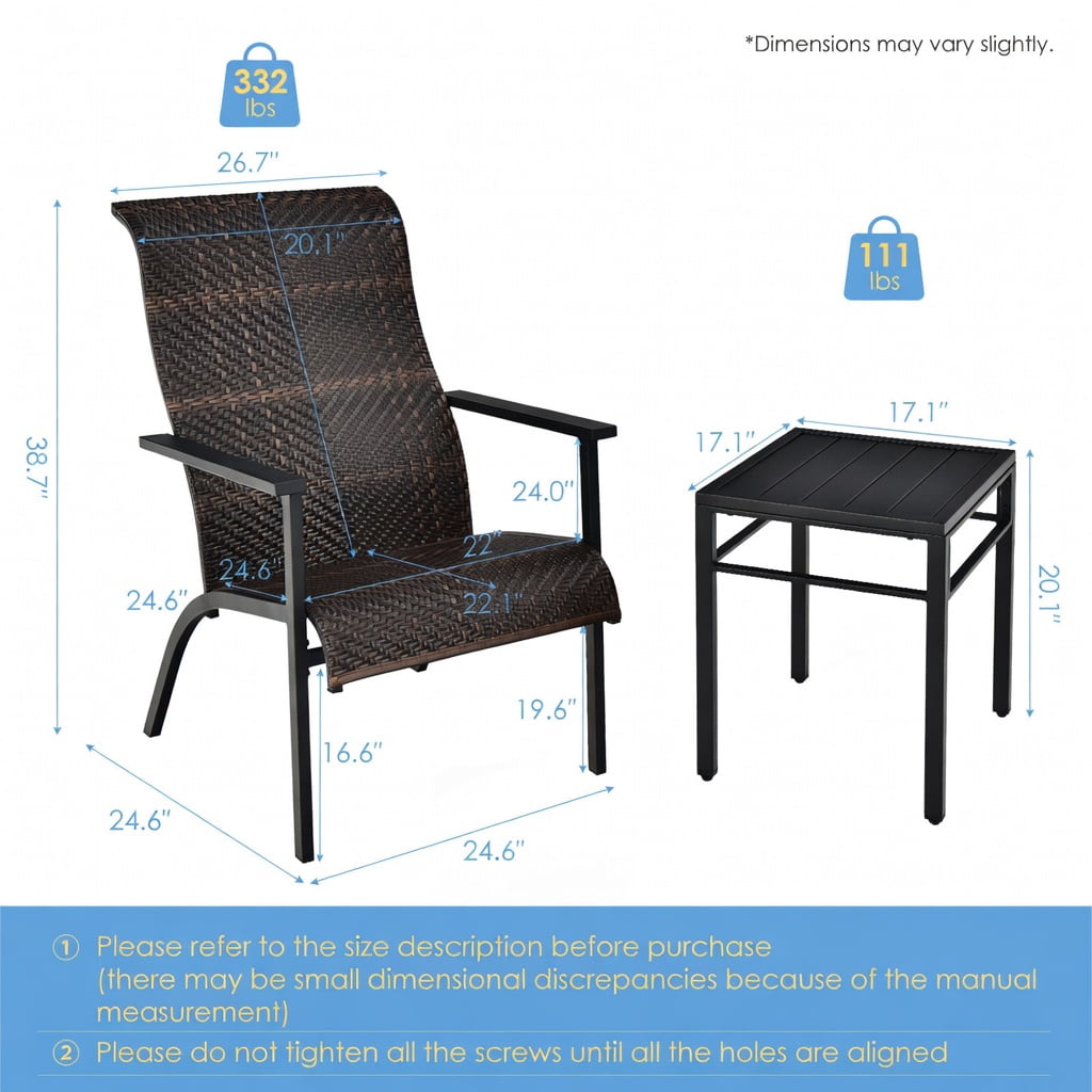 Hommoo 3-Piece Outdoor Patio Bistro Set, Weather-Resistant PE Rattan Table & 2 High-Back Chairs with Armrests, Compact for Balcony, Backyard & Poolside, Brown