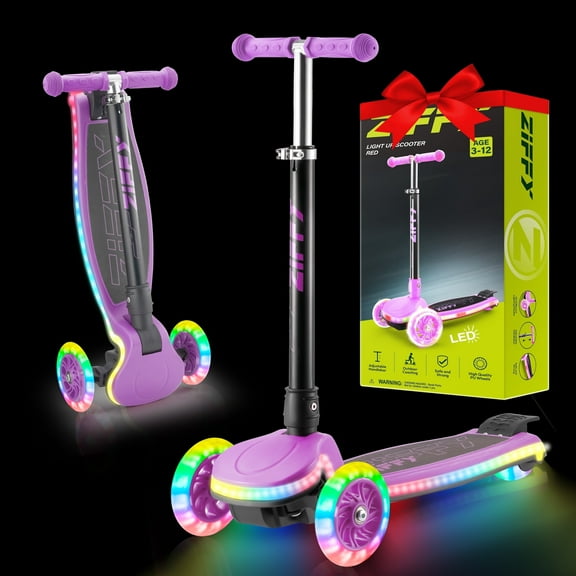 ZIFFY 3-Wheel Light-Up Kids Scooter, 4 Adjustable Height, Stability - Up to 110LBS, Anti-Slip Wide Deck Ride with 20 Dynamic LED Lights for Boys and Girls Ages 3-5 Years Old, Purple