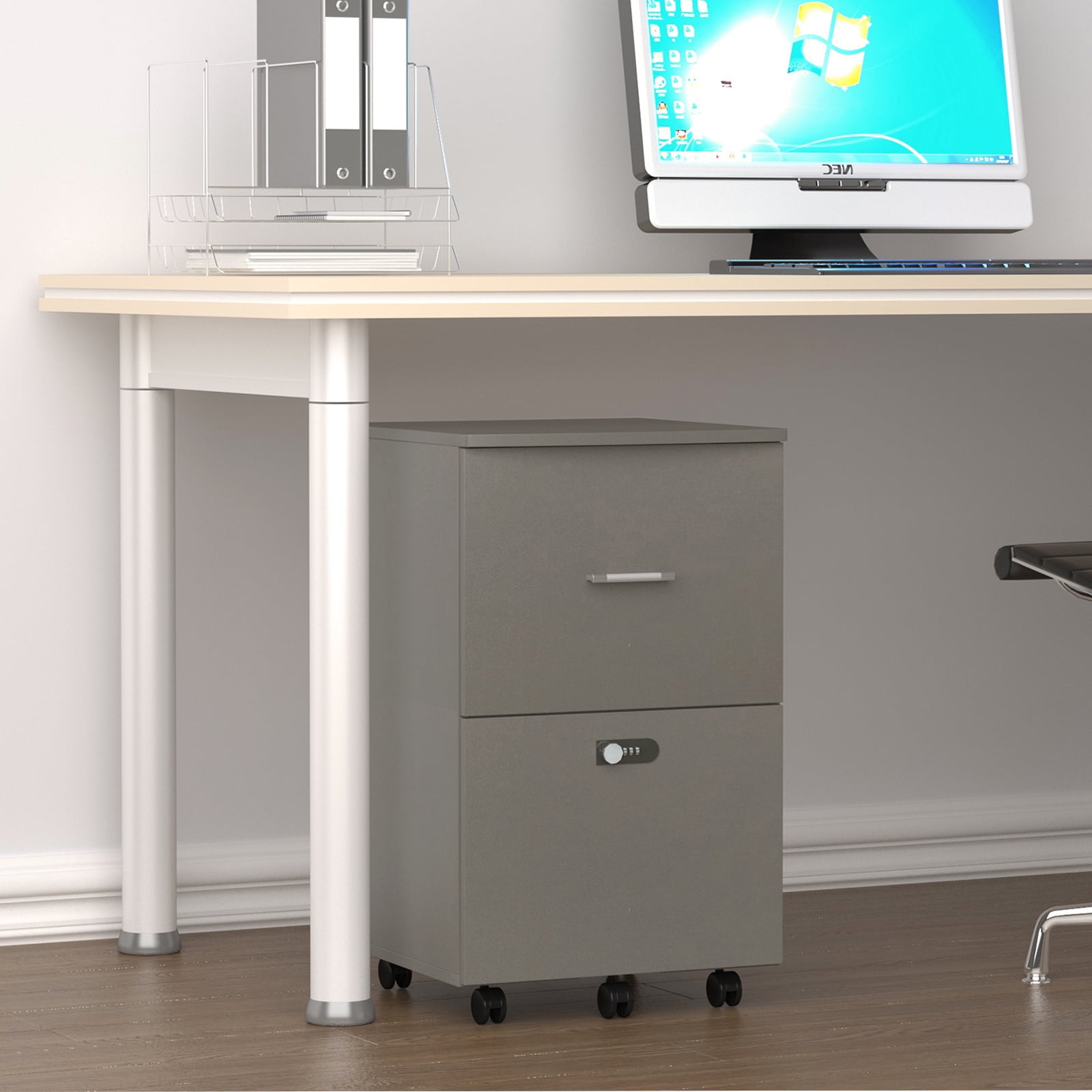 Kadyn Pulley Movable File cabinet, Small Rolling File Cabinet with Two Drawers and Lock, Office Storage Cabinet for Home Office, Antique grey white Kadyn Pulley Movable File cabinet, Small Rolling File Cabinet with Two Drawers and Lock, Office Storage Cabinet for Home Office, Antique grey white