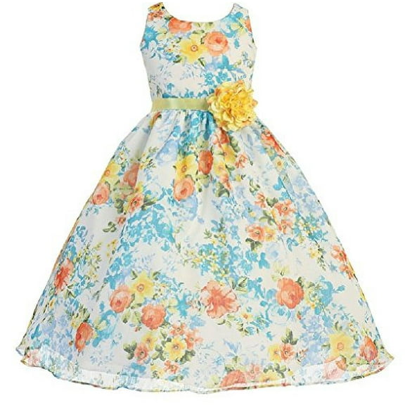 Big Girls' Lovely Girl Dress Refreshing Tropical Floral Print Chiffon Flower Girl Dress Blue 10 (C75A3)
