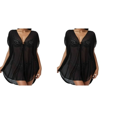 (2-Pack) Rinsvye Women Ring Linked Sheer Dress Cover Up formal Mesh Cover Up Dress Plus Size Cover Up Cover Up Mini Dress Women Cover Ups for Swimwear Beach Wrap Bikini Shiny Wraps Cover Ups for Swi