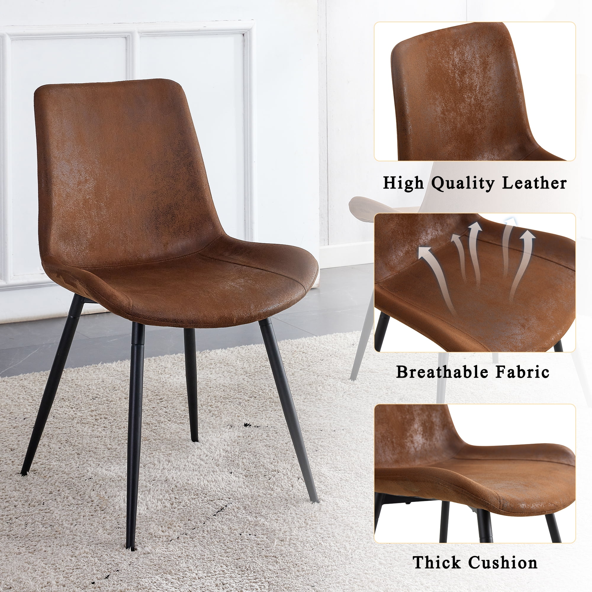 SUDICA Set of 6 Brown Faux Suede Dining Chairs, Upholstered Wide Seat with Black Metal Legs for Dining Room and Kitchen