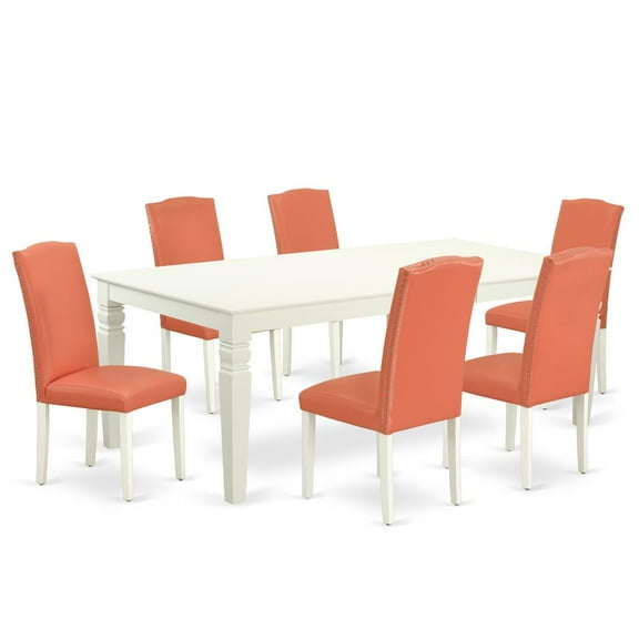 East West Furniture Logan 7-piece Wood Dining Set in Linen White/Pink Flamingo