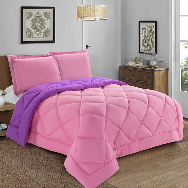 Mocassi 3-Piece Comforter Set - Reversible, Box Stitched Down Alternative, King/California King, All Season Suitable, Pink/Purple