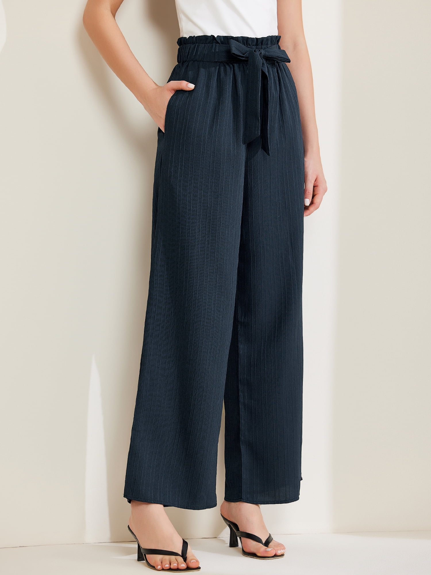 DARING DIVA Women's Elastic Waist Pleated Wide Leg Pants with Pockets XL Navy
