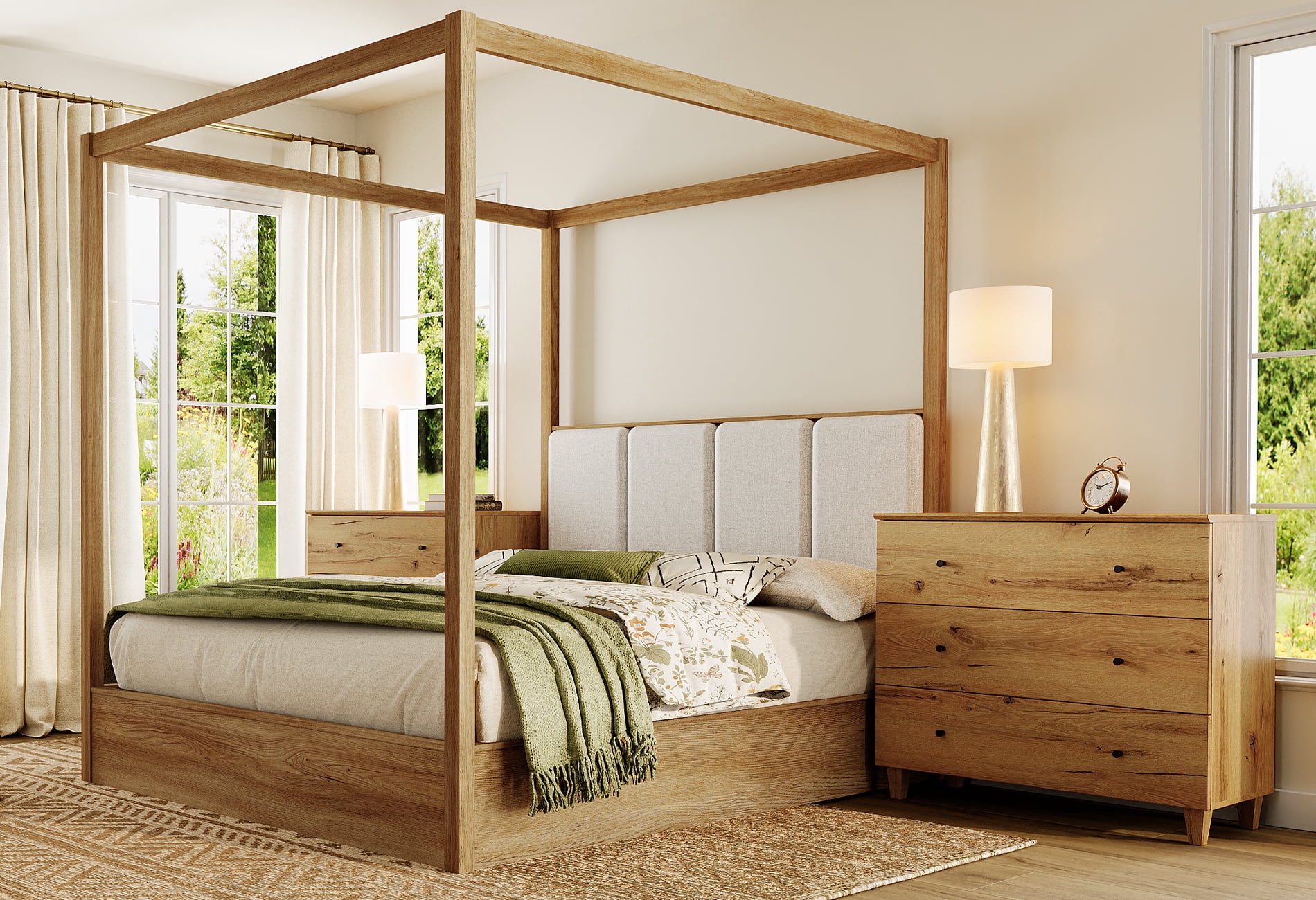 WAMPAT Modern Queen Size Canopy Bed Frame and Large Nightstand Set, No Box Spring Needed 4 Poster Bed with Headboard, Wooden Bedside Table with 3 Drawers for Bedroom, Dark Brown Wood