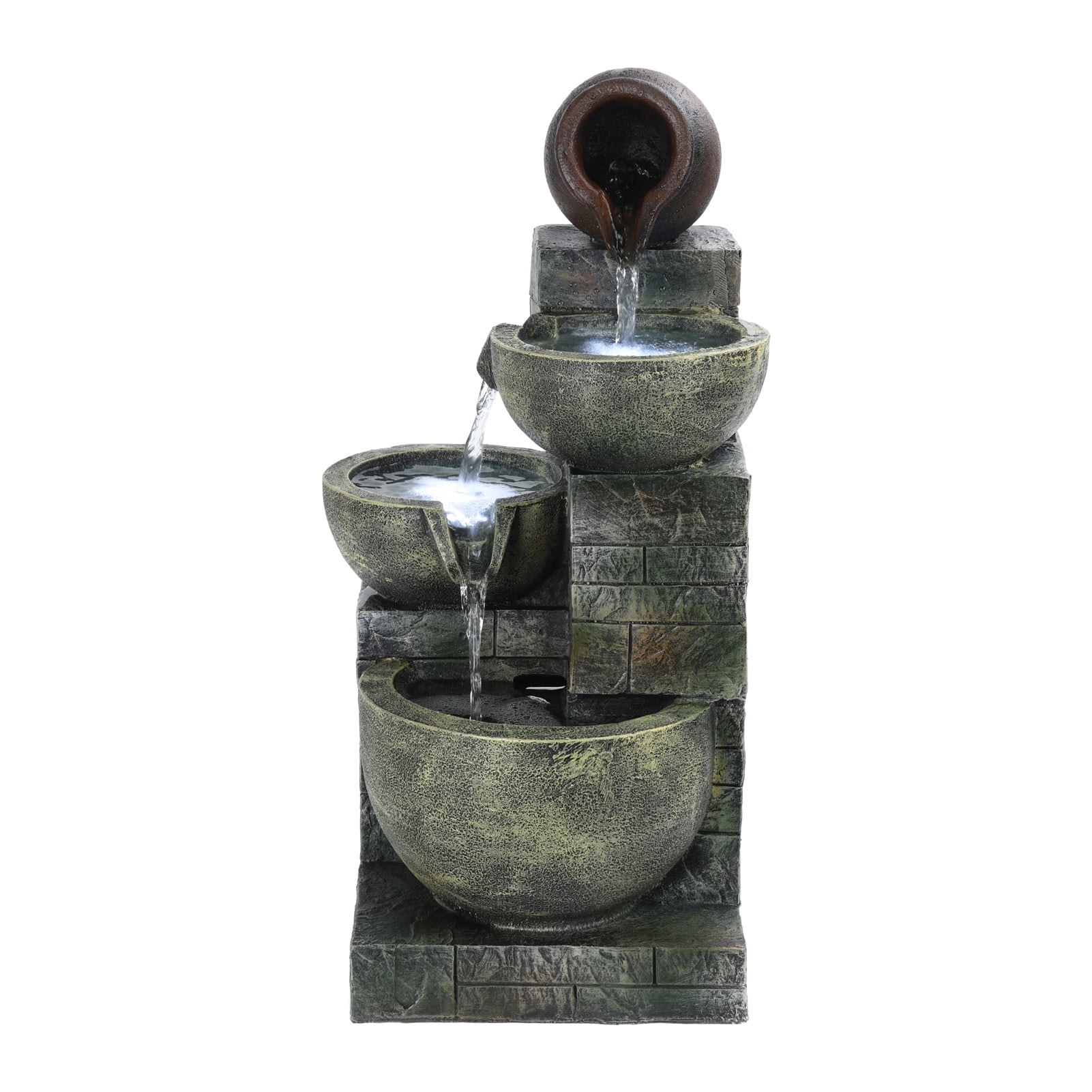Koiauber 23.6" 4-Tiers Outdoor Garden Water Fountain,Cascading Bowls and Stacked Stones Outdoor Water Fountain,Outside Patio Water Features Fountain with LED Light