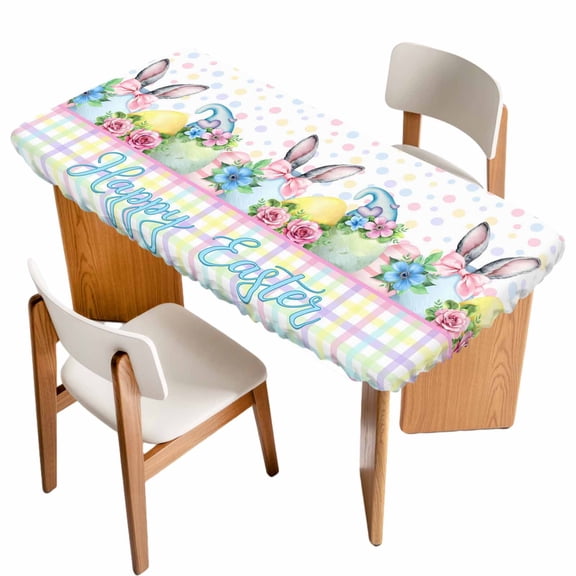 Easter Table Cloths for 3 Foot Rectangle Tables, Spring Colorful Bunny Eggs Flowers Polka Dot Plaid Patio Waterproof Elastic Fitted Tablecloths, Washable Rectangular Table Cover for Camping