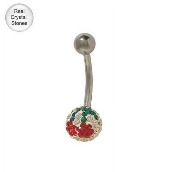 14 gauge Red & Green Cherry Swarovski Crystal Ferido Belly Button Ring