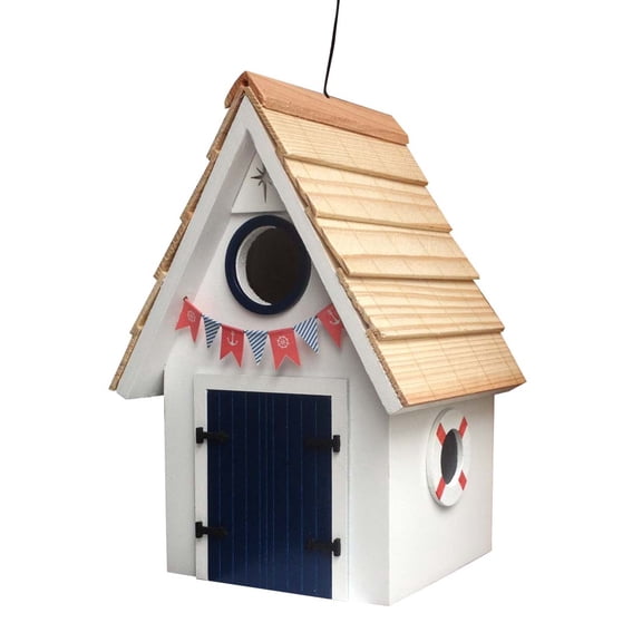 CC Outdoor Living 8.25” Fully Functional White and Navy Dockside Cabin Outdoor Garden Birdhouse