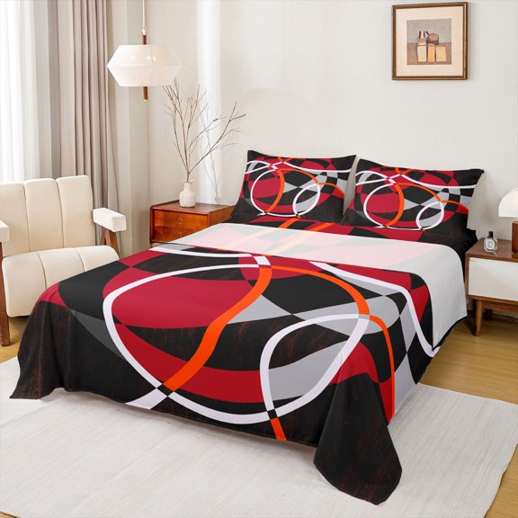 Homewish Abstract Geometric Twin Sheet Sets,Red Black Gray Twin Fitted Sheet,Striped Circular Aesthetic Flat Sheet For Men Women,Ultra Soft Home Decor,3 Pieces