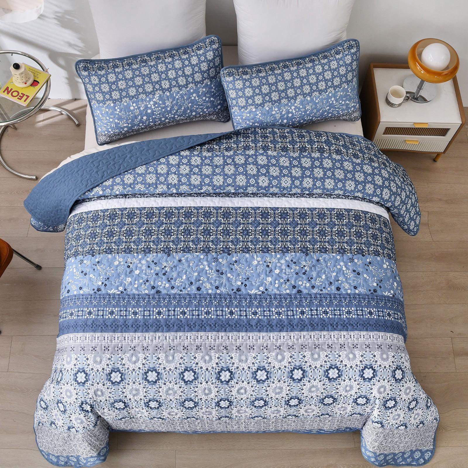 Dintszyayue 3Pcs Floral Boho Quilt Set Queen,Blue Bohemian Striped Patchwork Bedspread Adult(90"×96")