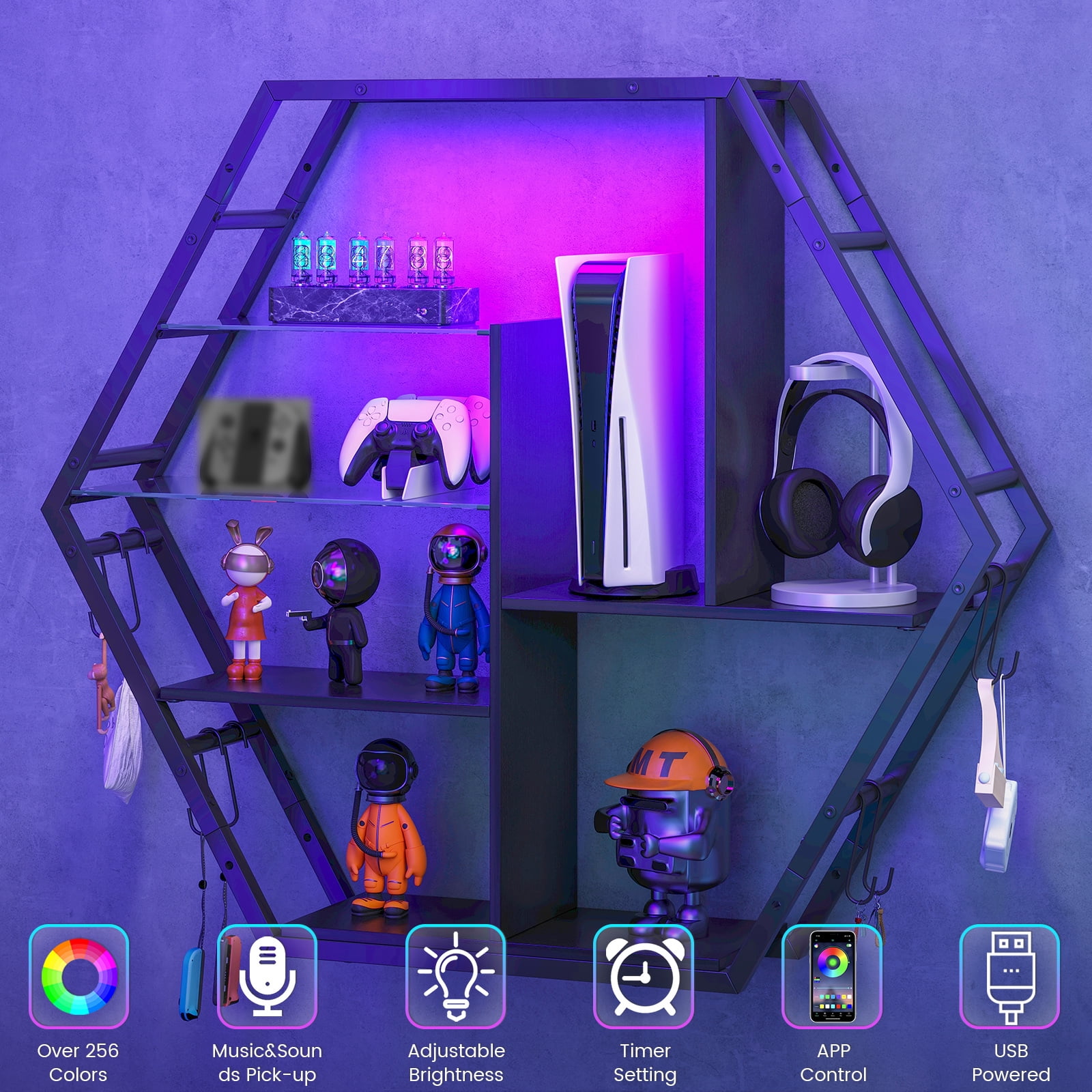 Floating Shelves with Lights, Led Shelves for Wall, Gaming Room Decor Display Shelf, Lighted Bar Shelves, Extra Hanging Hooks Storage, Sturdy Fast Assembly Great Weight Capacity