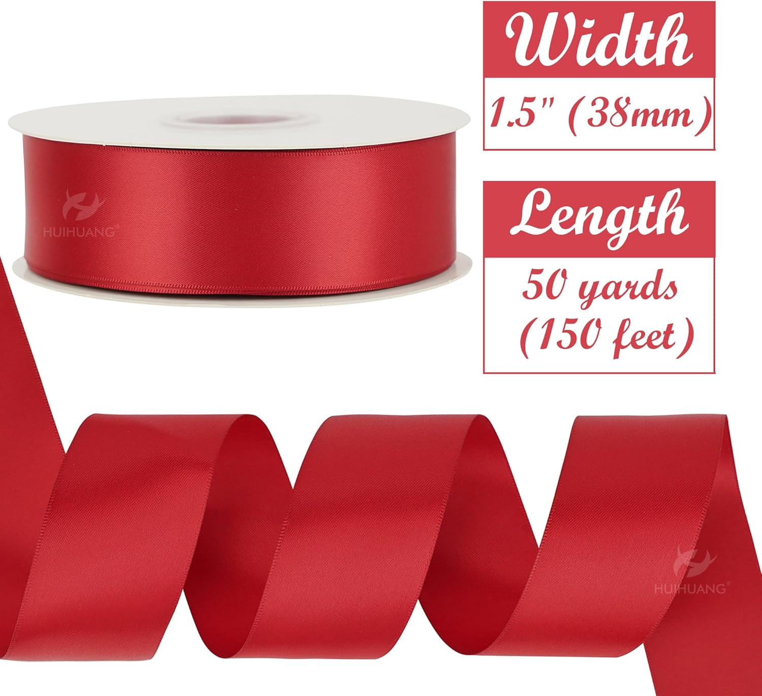 Red Ribbon 1-1/2 inch Satin Ribbon, Red Double Faced Satin Ribbon for Christmas Gift Wrapping for Bows Making Floral Bouquet Wedding Christmas Decor Party Favor and Craft Supplies-50 Yards