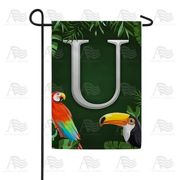 America Forever Tropical Bird Summer Monogram Garden Flag Letter U 12.5 x 18 inches Parrot Toucan Palm Leaves Double Sided Vertical Outdoor Yard Lawn Decorative Coastal Garden Flag